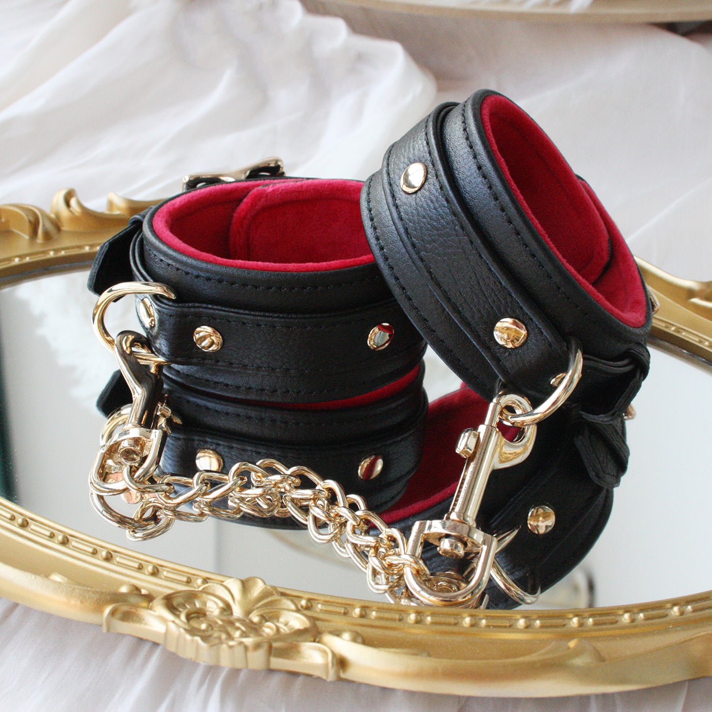 Premium Genuine Leather Wrist Cuffs with Soft Velvet Lining – Black & Red