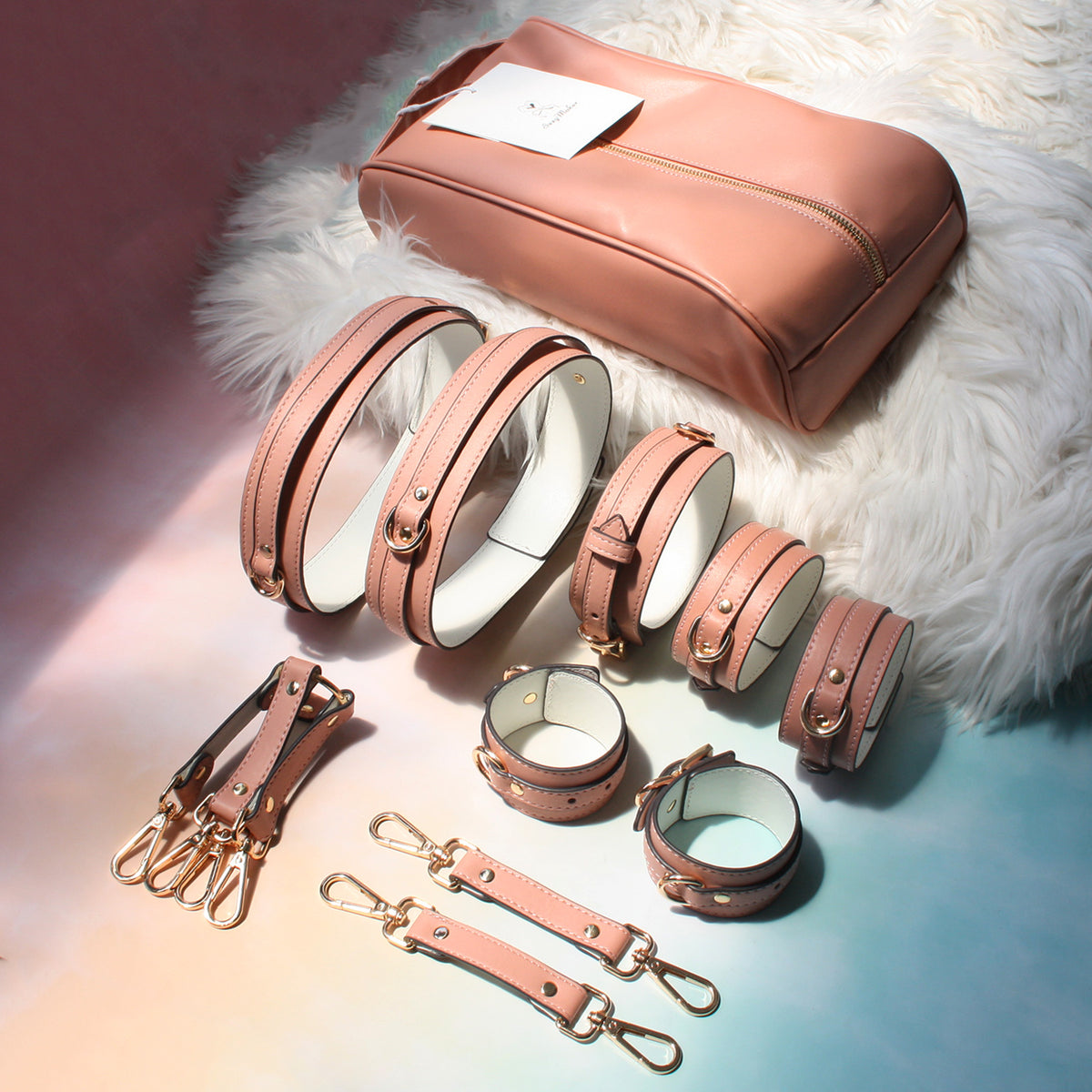 Deep Pink Vegan Leather Bondage Set – 7-Piece Restraint Kit with Storage Bag