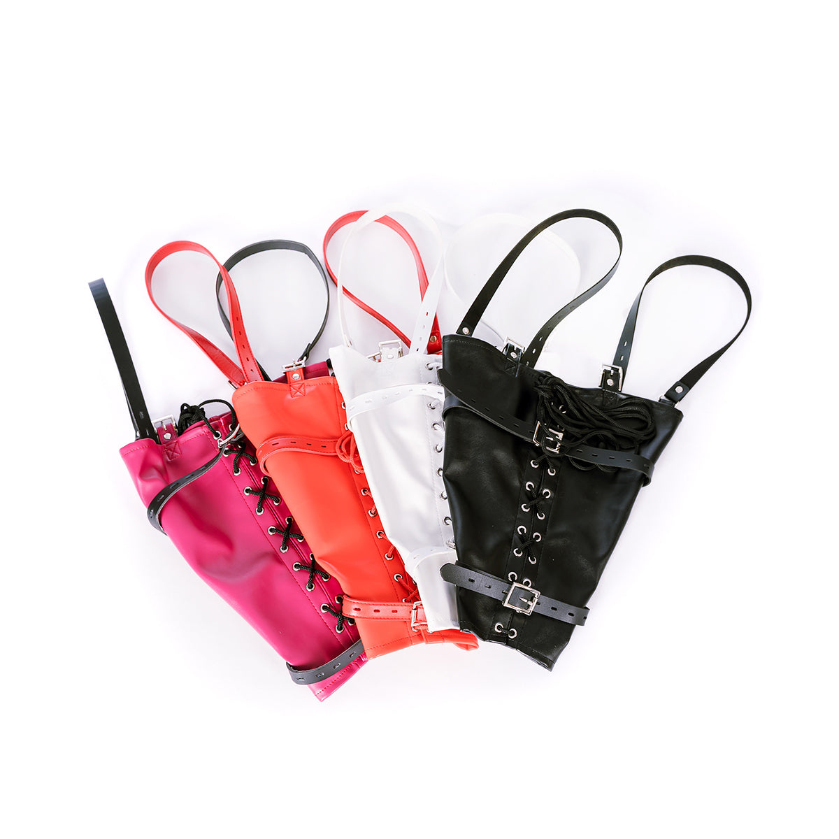Rear view of the lace-up black vegan leather back bondage armbinder restraint with adjustable straps and D-rings by Sexy Maker.