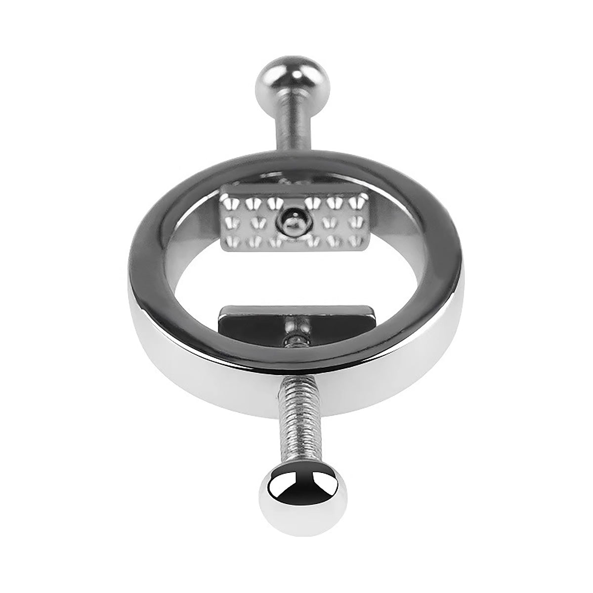 Close-up of heavy-duty screw-plate metal nipple clamps with adjustable pressure mechanism for professional BDSM play by Sexy Maker.
