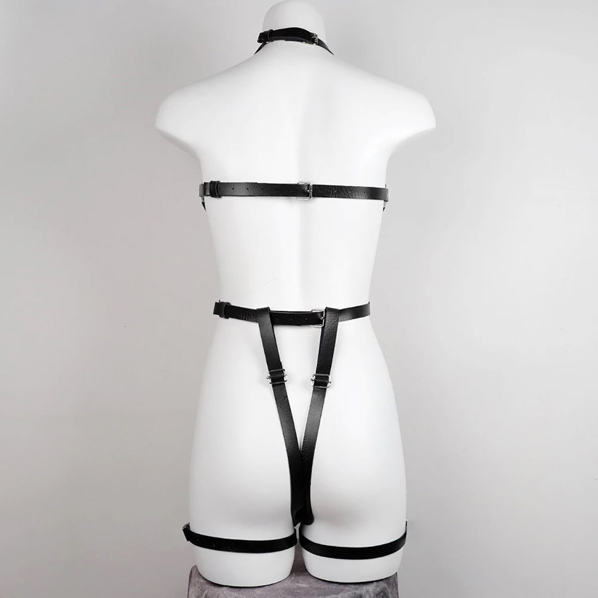 Elegant Black Bondage-Inspired Faux Leather Body Harness with Thigh Cuffs