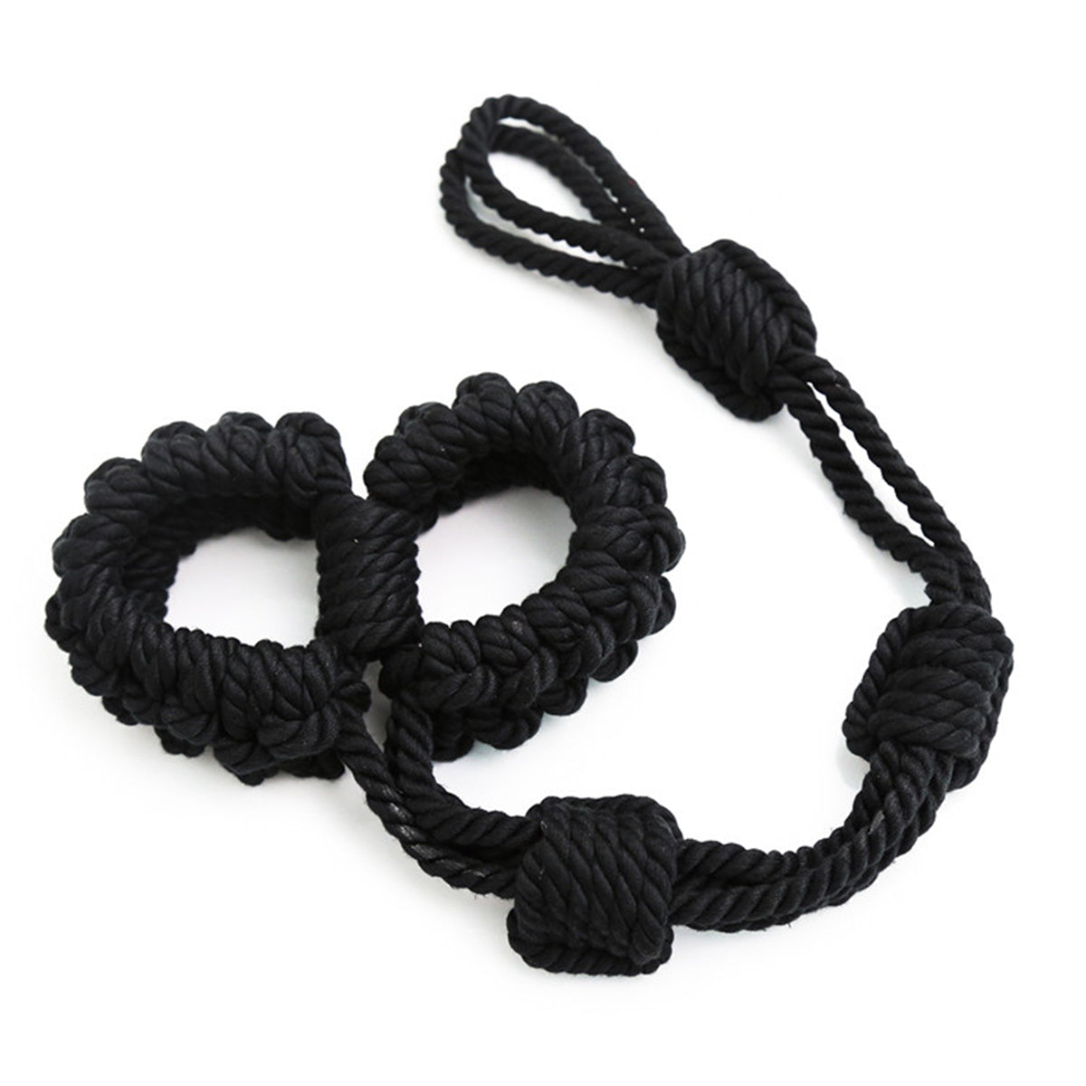 Soft Cotton Rope Bondage Wrist Cuffs with Leash Black