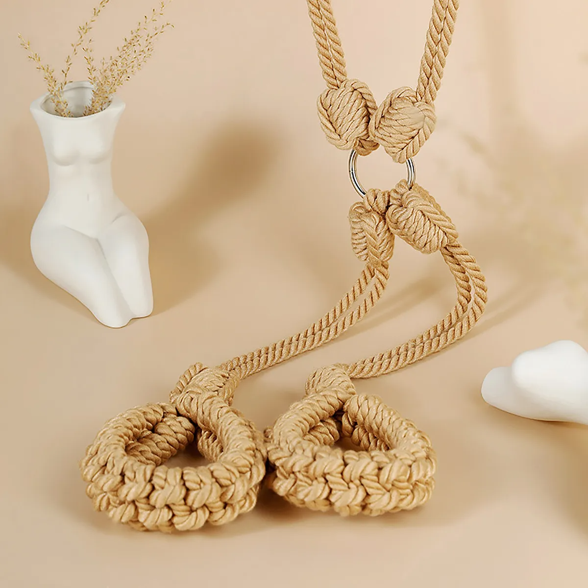 No-Escape Handcrafted Cotton Rope Cuffs - Soft Restraint Set (Beige)
