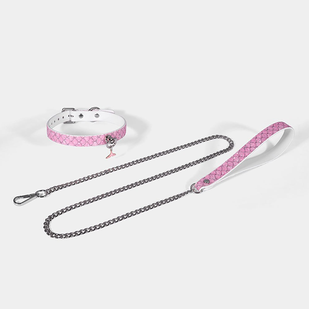Luxury Mermaid Glow Genuine Leather BDSM Collar with Leash Pink