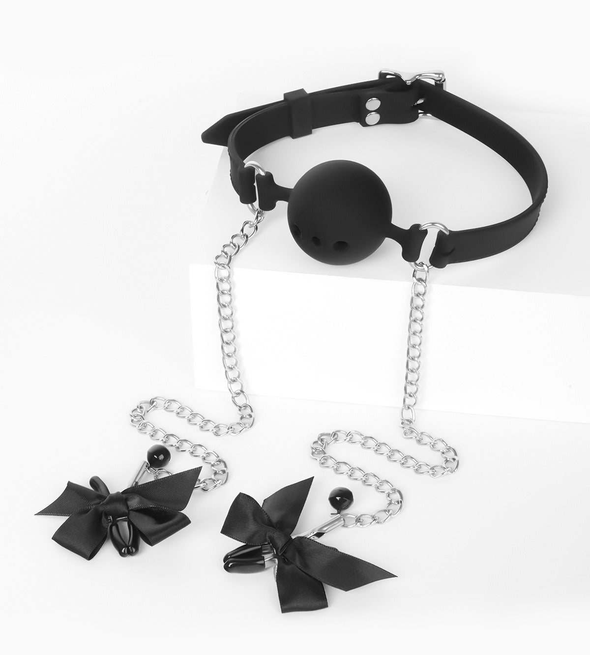 Breathable Mouth Gag with Ribbon Nipple Clamps 3.8cm/4.5cm/4.8cm