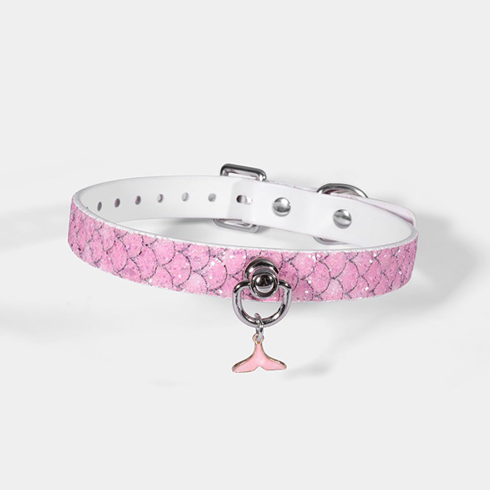 Luxury Mermaid Glow Genuine Leather BDSM Collar with Leash Pink
