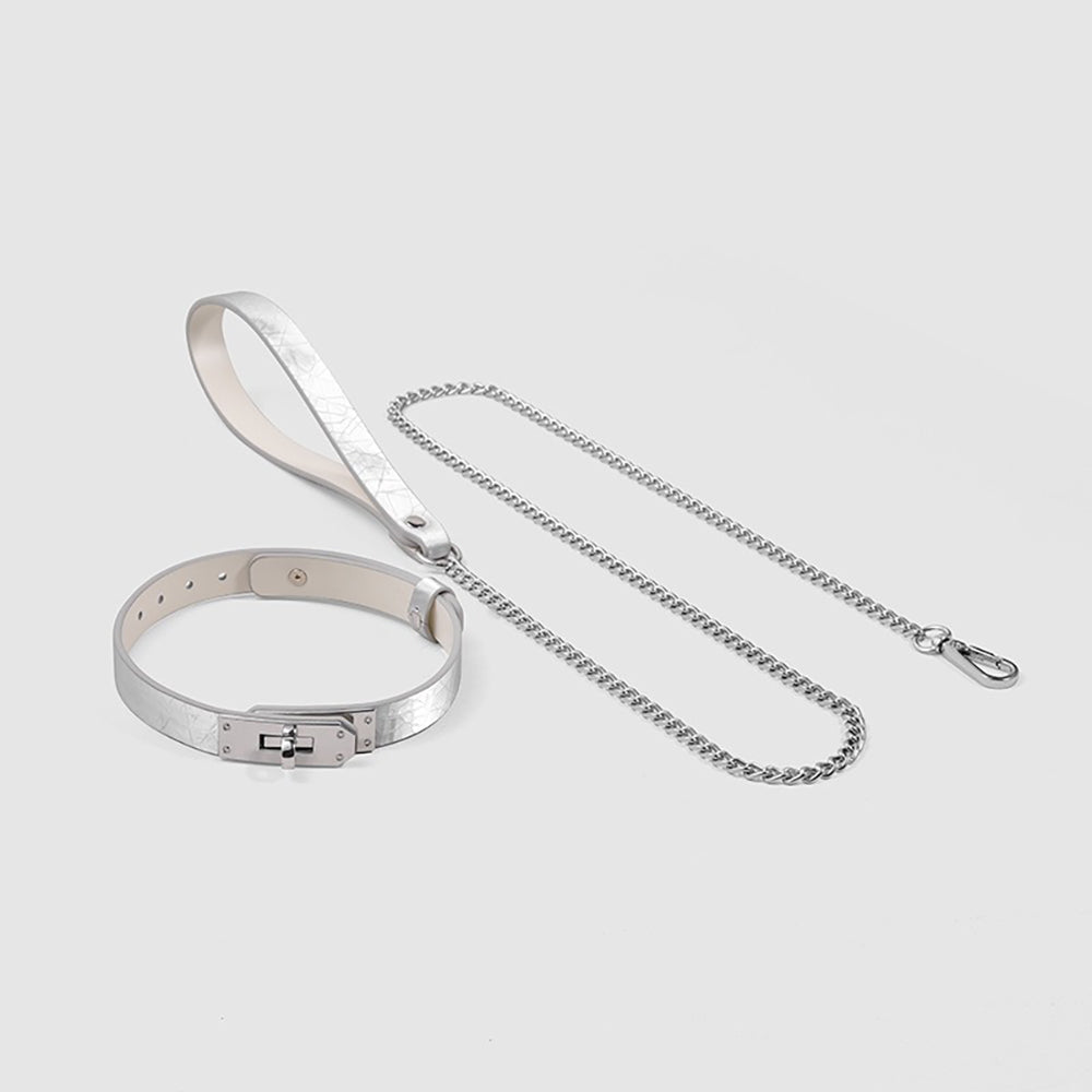 Premium Cracked Ice Genuine Leather Collar & Leash - Metal Lock Plate