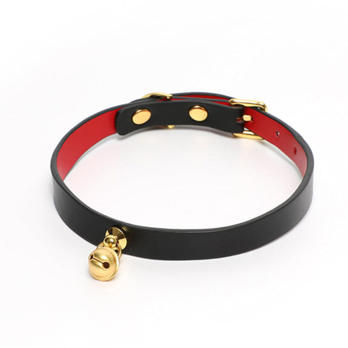 Minimalist Cowhide Leather BDSM Collar with Sterling Silver Bell and Leash Black&Red