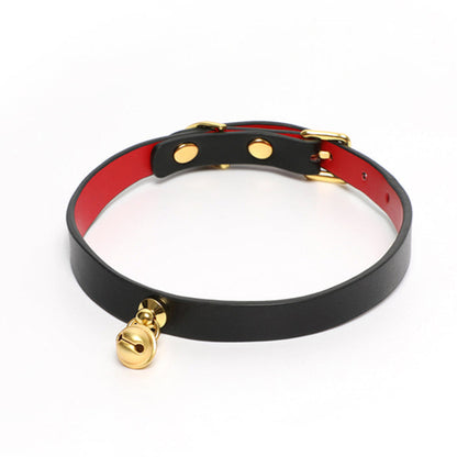 Minimalist Cowhide Leather BDSM Collar with Sterling Silver Bell and Leash Black&Red