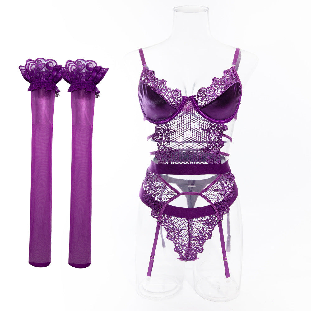 Sexy Lace Corset Garter Belt 4 Piece Lingerie Set Purple