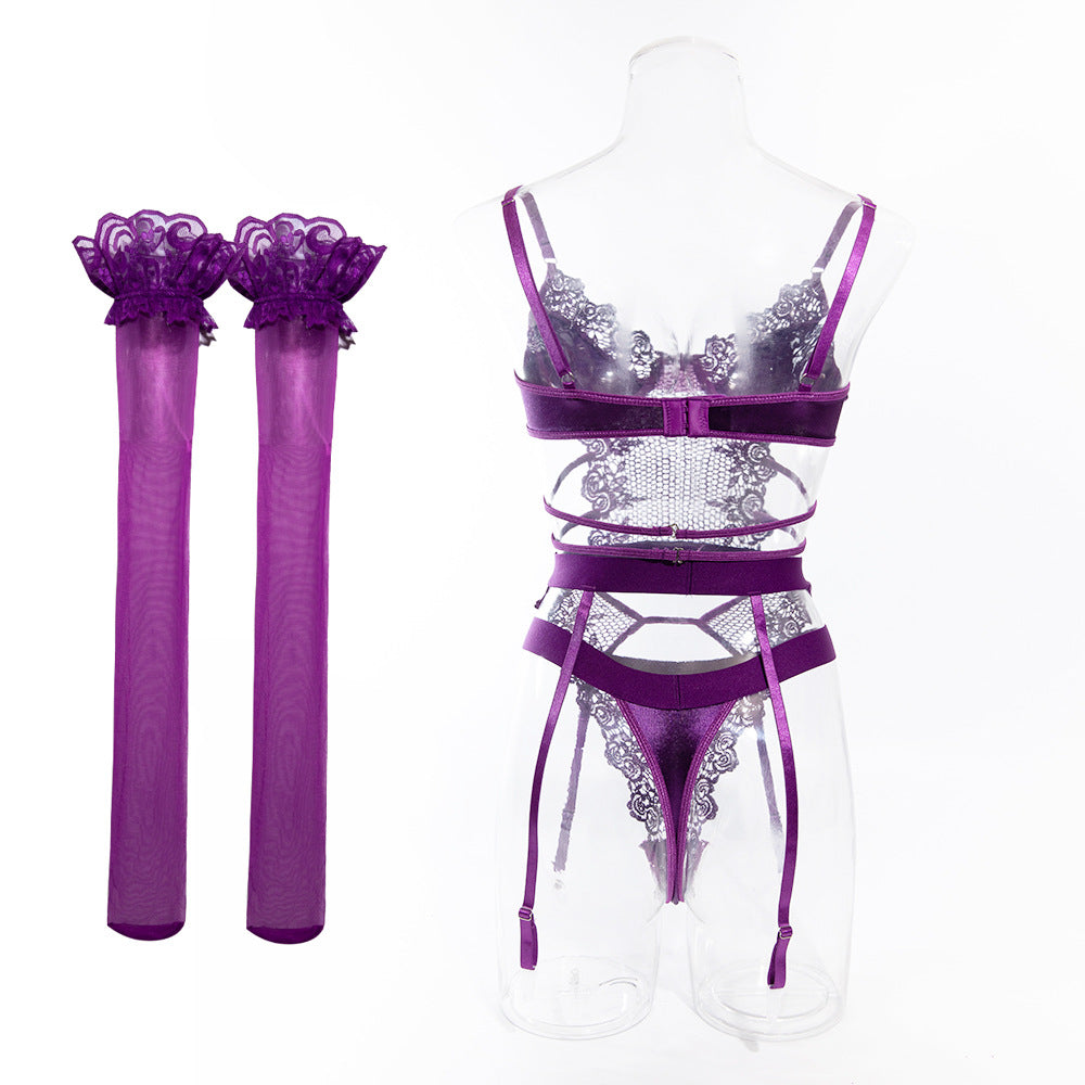 Sexy Lace Corset Garter Belt 4 Piece Lingerie Set Purple