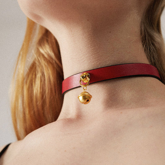 Minimalist Cowhide Leather BDSM Collar with Sterling Silver Bell and Leash Black&Red