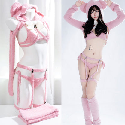 Cute Pink Soft Fluffy Fur Bikini Bear Cosplay Set