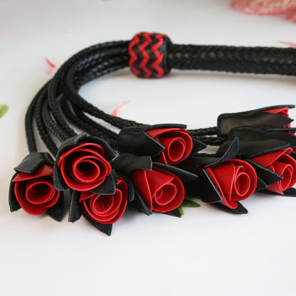 Handmade Red Rose Leather Flogger with 9 Braided Tails