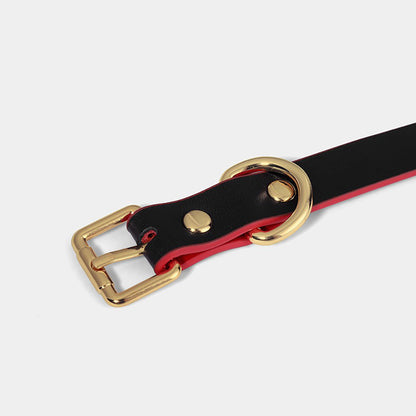 Heavy-Duty Real Leather Bondage Collar with Metal Chain Leash Black×Red