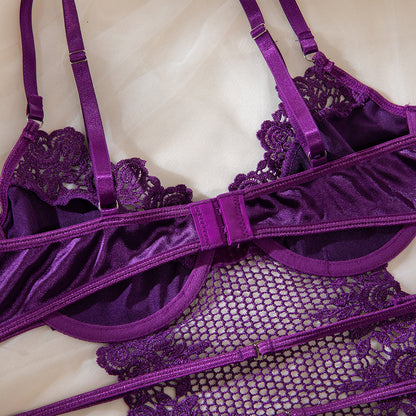 Sexy Lace Corset Garter Belt 4 Piece Lingerie Set Purple