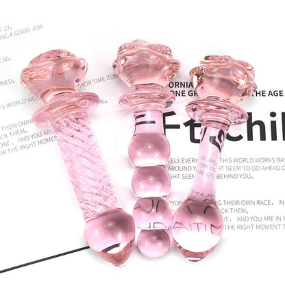 Cute Pink Rose Flower Glass Dildo Butt Plug 3-Type