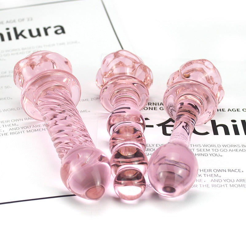 Cute Pink Rose Flower Glass Dildo Butt Plug 3-Type