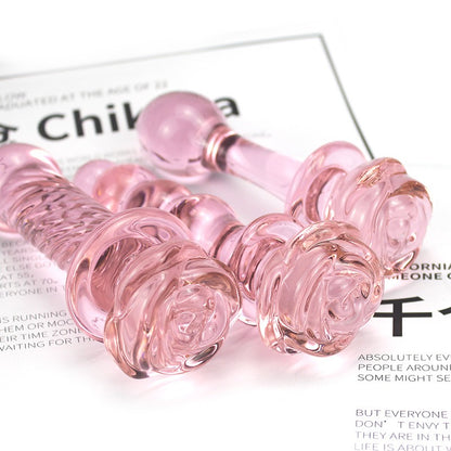 Cute Pink Rose Flower Glass Dildo Butt Plug 3-Type