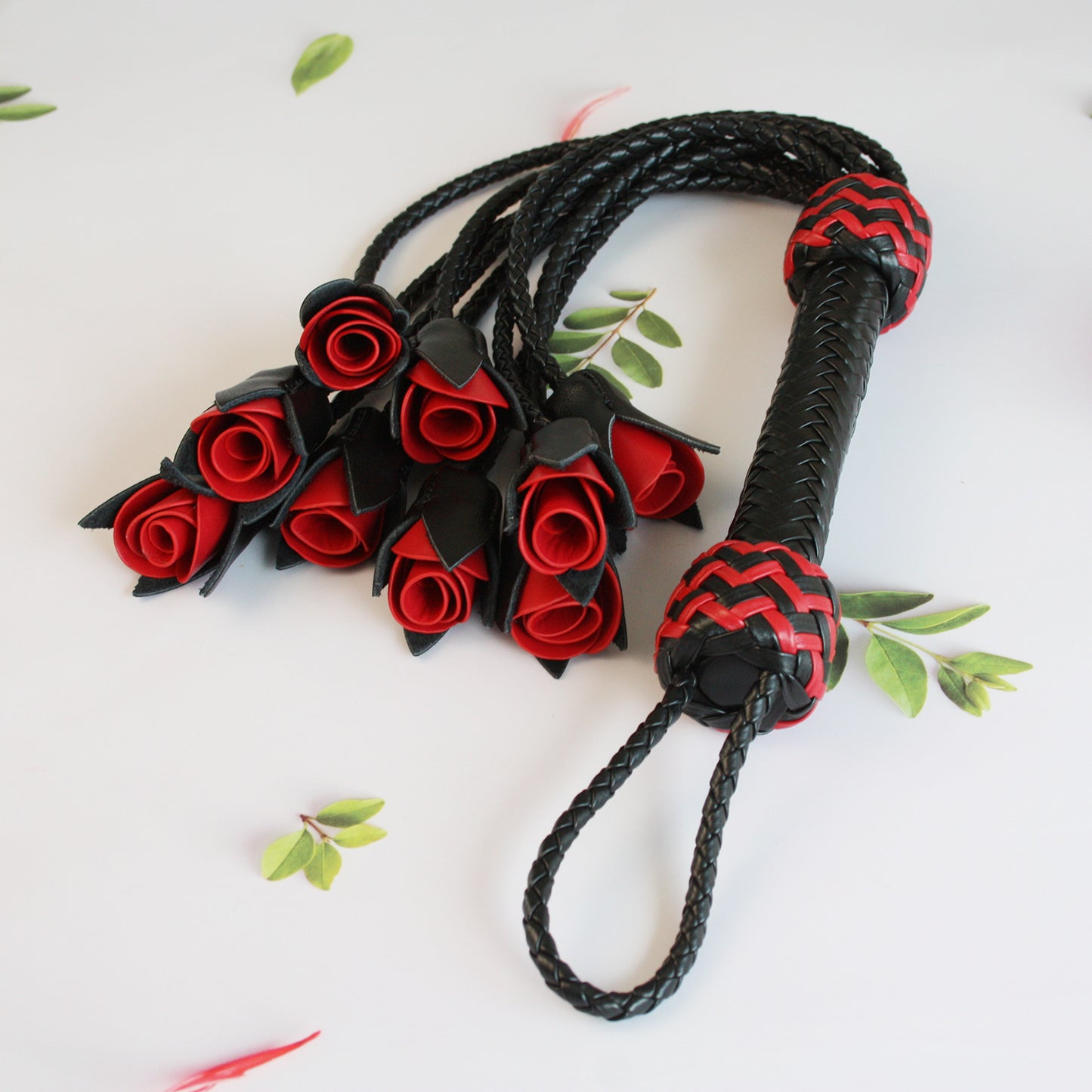 Handmade Red Rose Leather Flogger with 9 Braided Tails