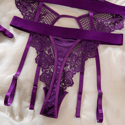 Sexy Lace Corset Garter Belt 4 Piece Lingerie Set Purple