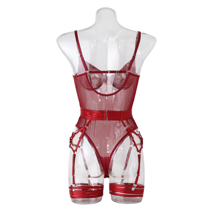 Burgundy Mesh Bodysuit with Garter Belt