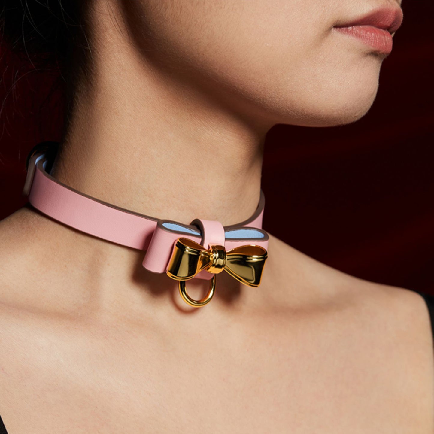 Cute Metal Bow Leather Bondage Collar with lead Pink/Black