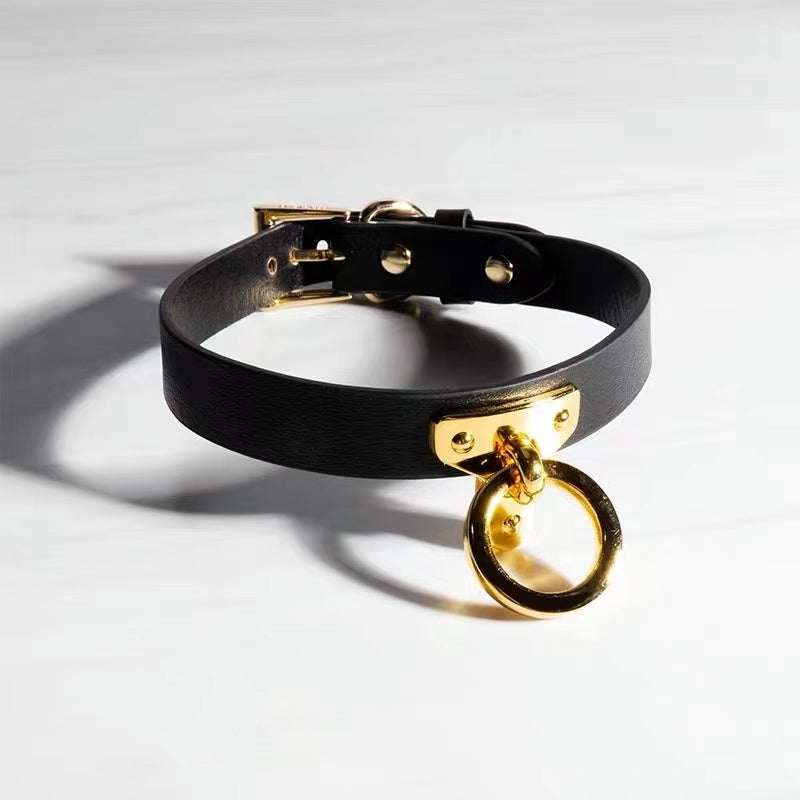 Gold O-Ring Premium Leather Bondage Collar with Leash