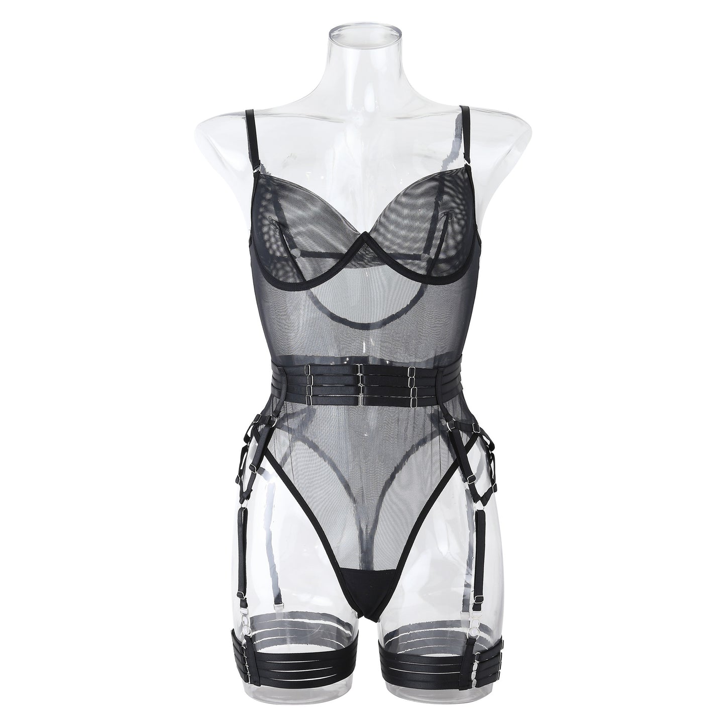 Classic Black Mesh Bodysuit with Garter Belt and Gloves