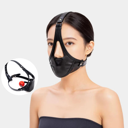 Profile view of glossy vegan leather head harness ball gag mask for forced open mouth BDSM restraint, available in multiple colors by Sexy Maker.