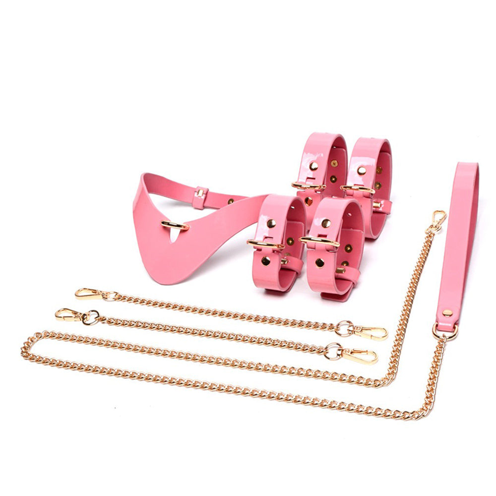 Glamorous Pink 5-Piece Bondage Set – Collar, Cuffs & Leash for Sweet Submission