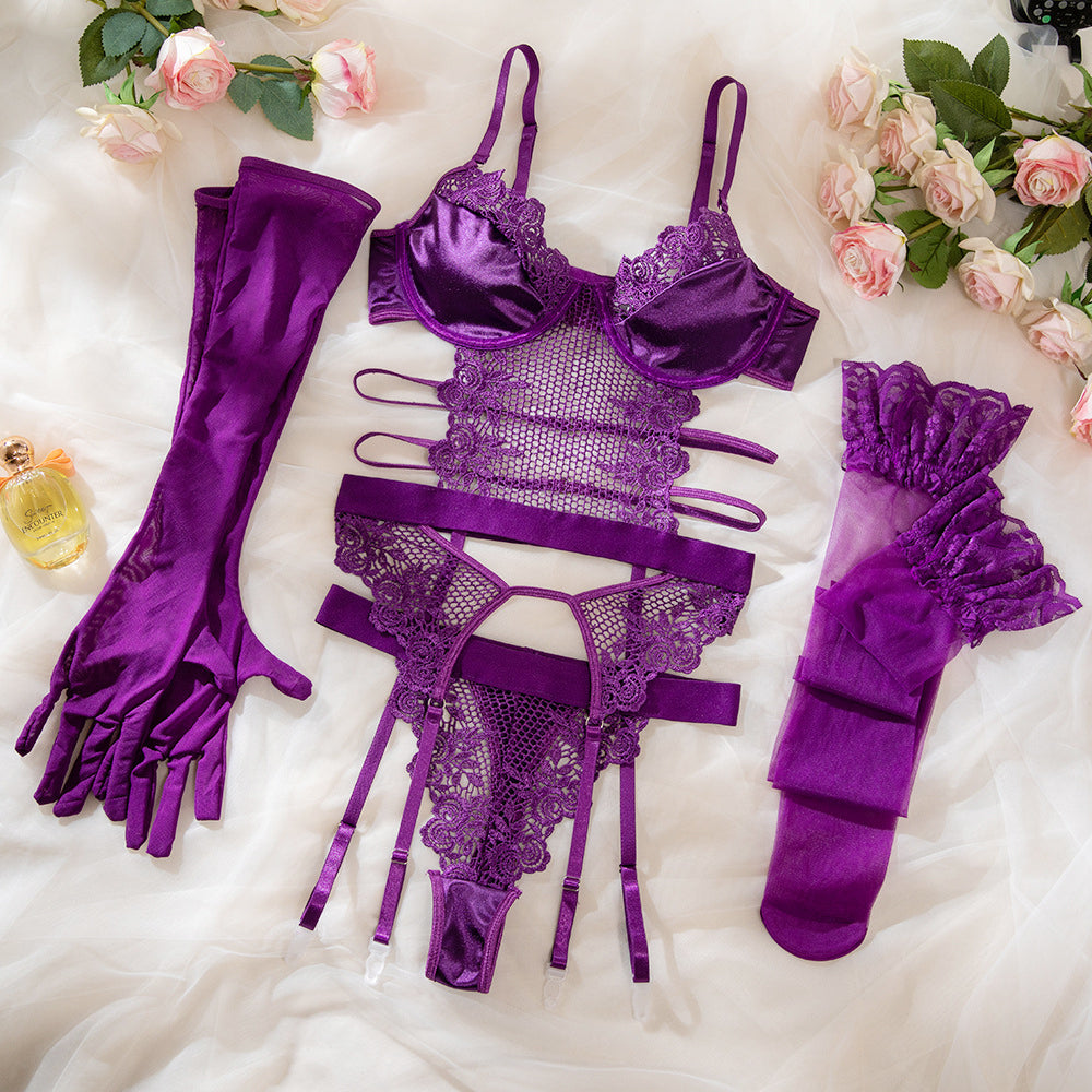 Sexy Lace Corset Garter Belt 4 Piece Lingerie Set Purple