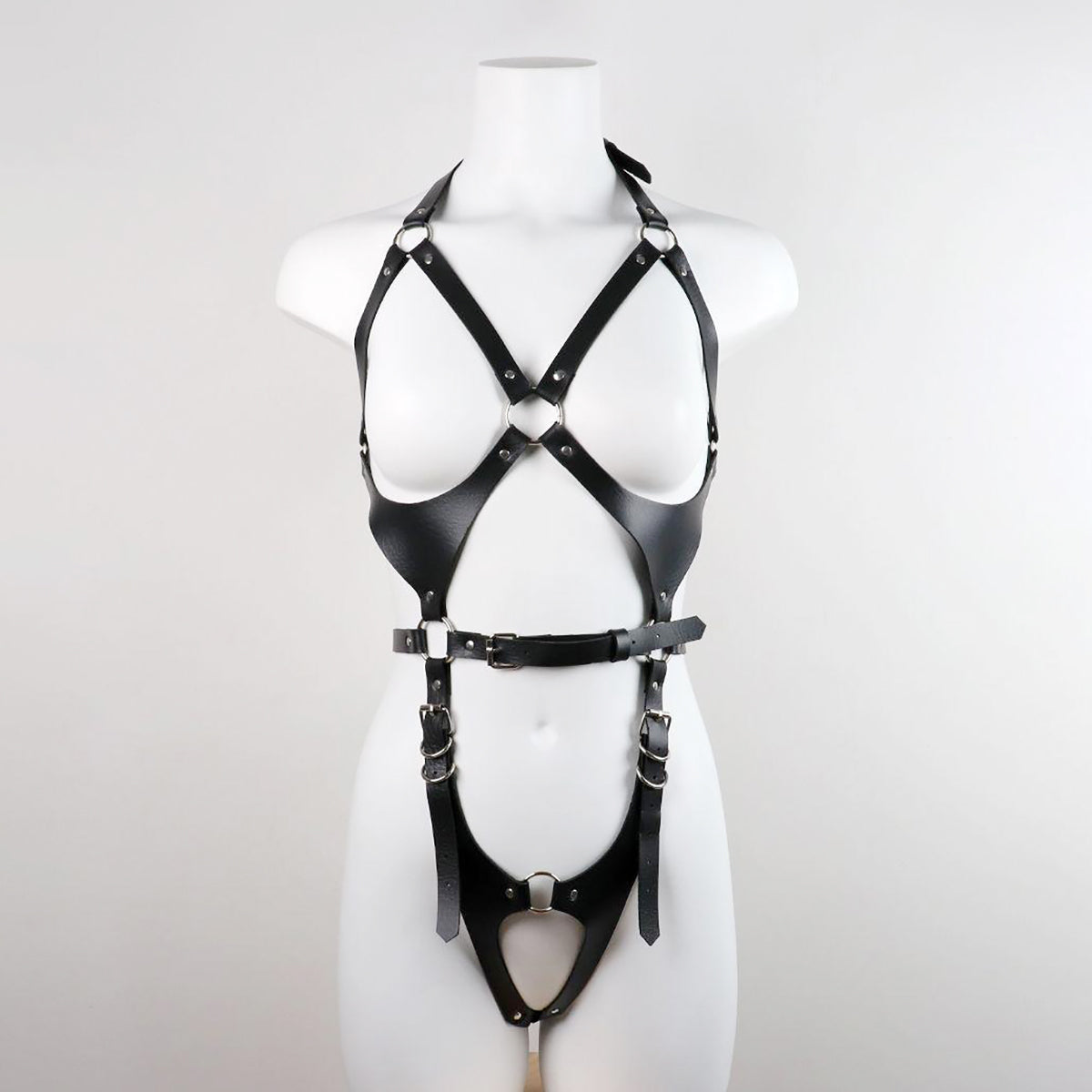 Elegant Black Bondage-Inspired Faux Leather Body Harness with Thigh Cuffs