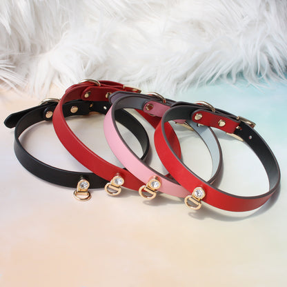 Handmade Shining Stone BDSM Leather Bondage Choker with Leash 4-colors