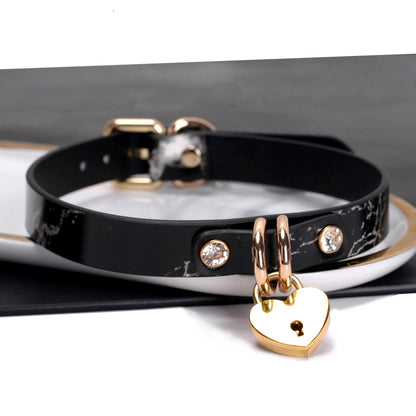 Heart Lock  Marble-Pattern Real Leather Collar with Leash