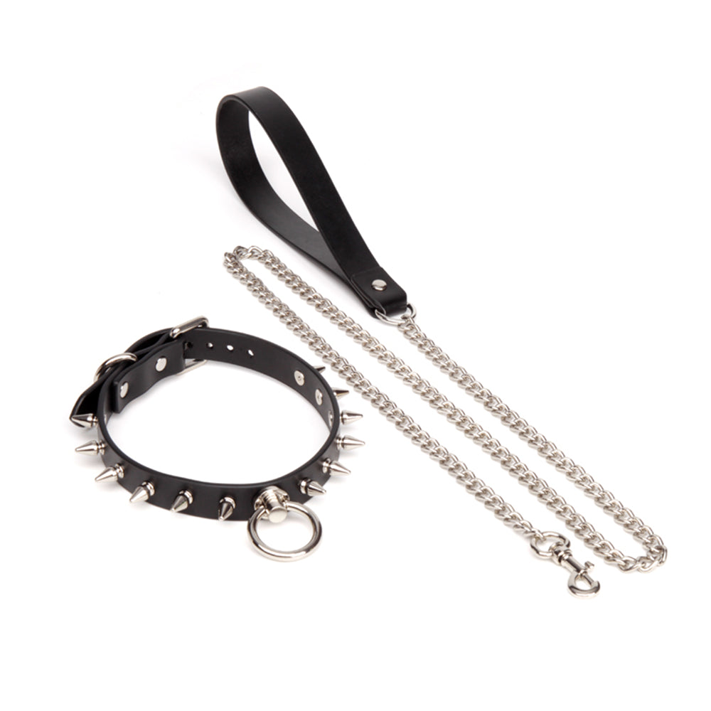 Spiked Rivets Real Leather BDSM Collar with Leash