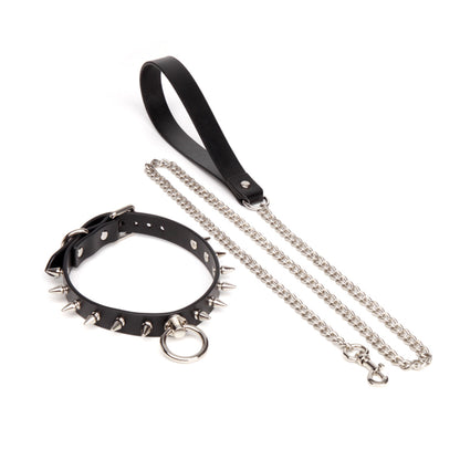 Spiked Rivets Real Leather BDSM Collar with Leash