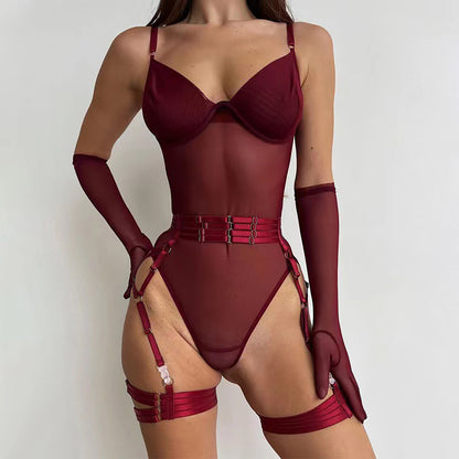 Burgundy Mesh Bodysuit with Garter Belt