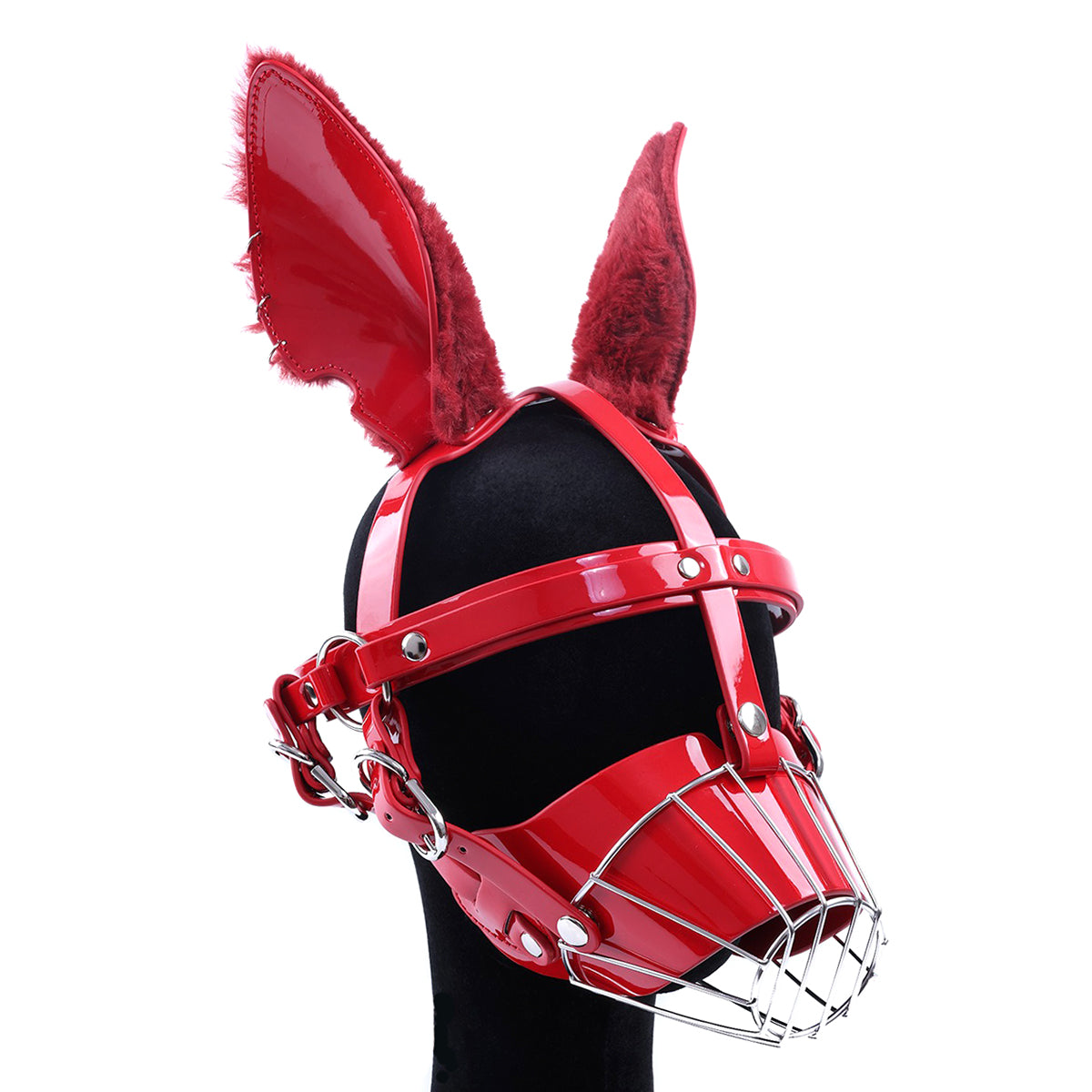 Close-up of glossy wet-look red human pup metal cage muzzle mask featuring feral fluffy faux fur ears and silver hardware for intense pet play by Sexy Maker.