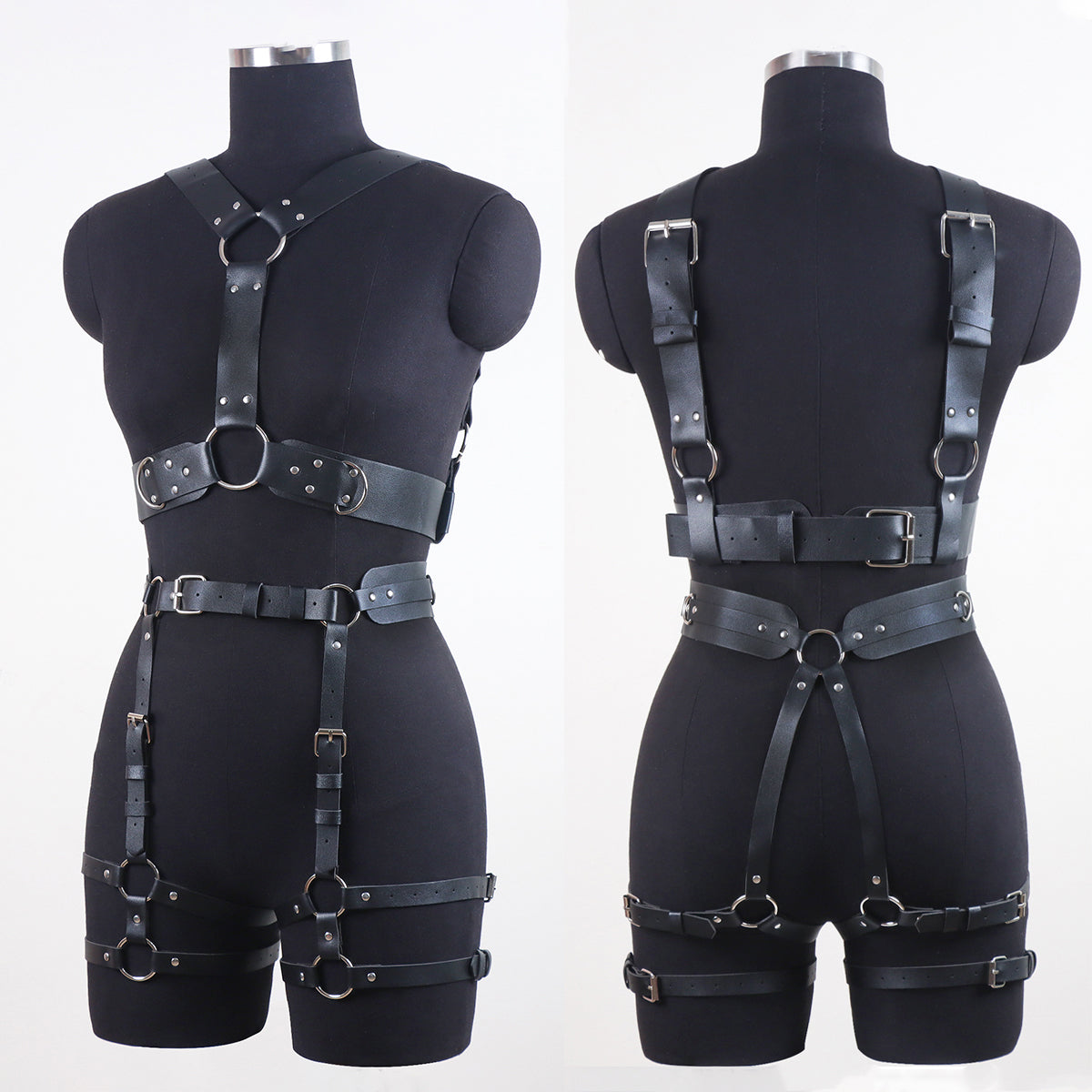Black Bondage Body Harness Set & Detachable Cuffs Restraint