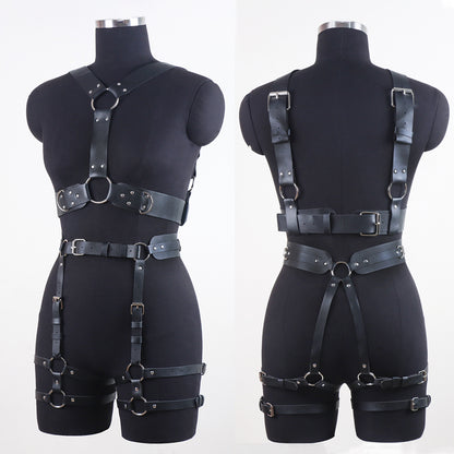 Black Bondage Body Harness Set & Detachable Cuffs Restraint