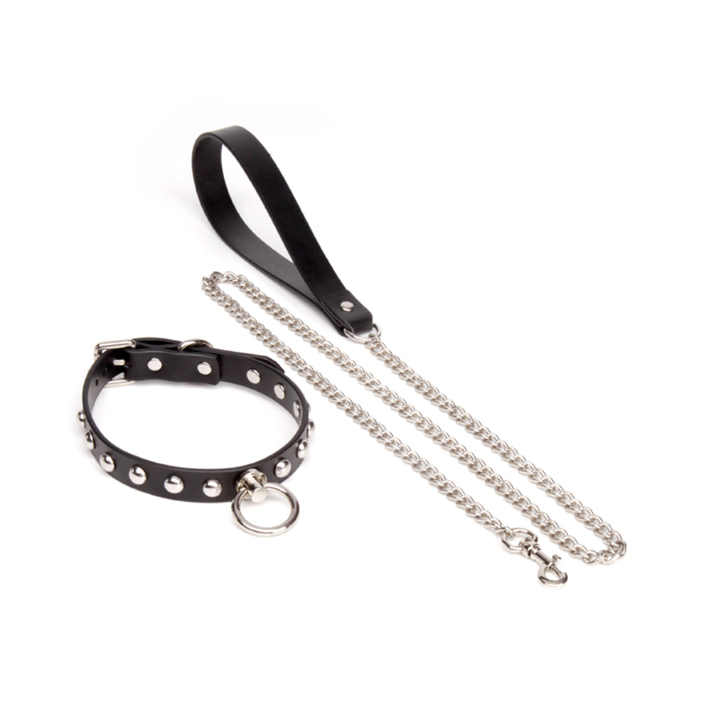 Big O-Ring Dome Studded Spiked Leather Bondage Collar with Leash