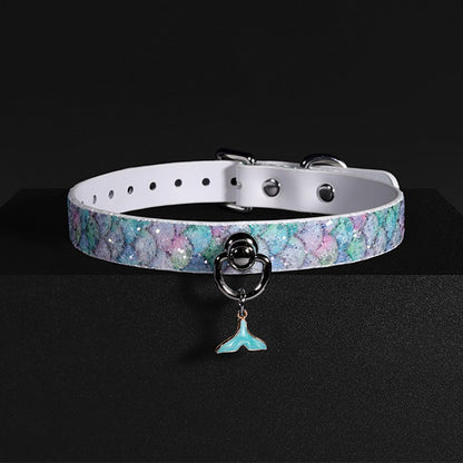 Luxury Mermaid Glow Genuine Leather BDSM Collar with Leash Blue