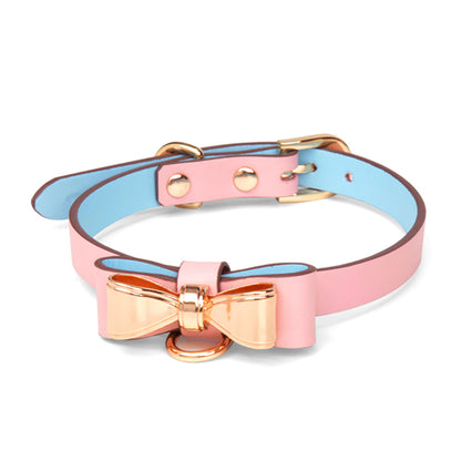 Cute Metal Bow Leather Bondage Collar with lead Pink/Black