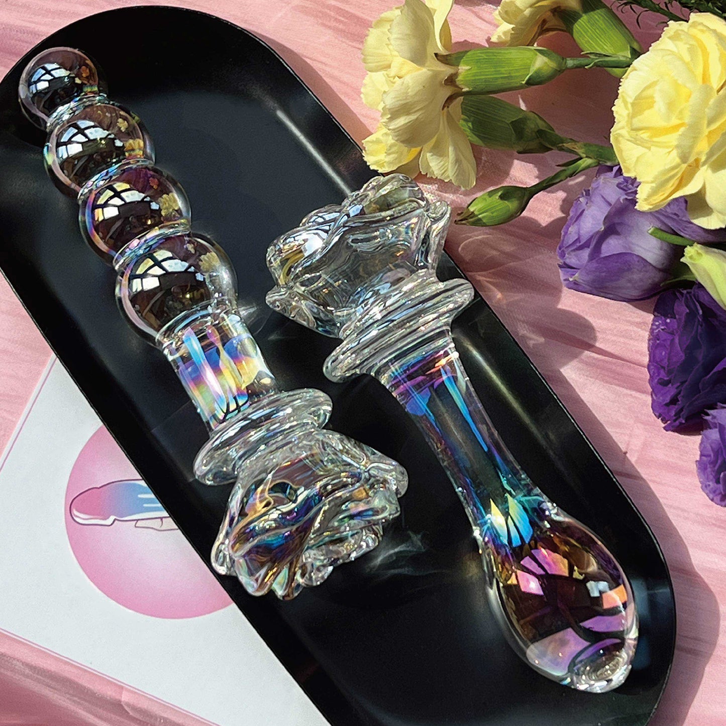 Transparent Smooth Crystal Rose Flower Glass Dildo Anal Butt Plug