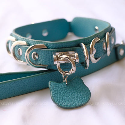 Peacock Blue Kitten Day Collar & Leash Set with Silver Cat Charm