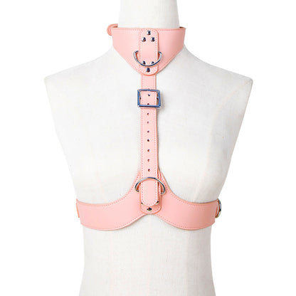 BDSM Open-Bust Pink Bondage Harness with Handcuffs & Leash