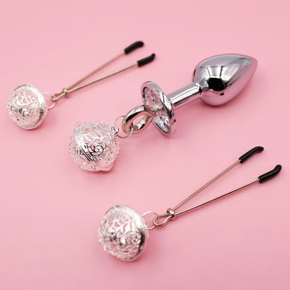 Super Cute Bell Nipple Clamps & Anal Plug 2-Piece Set Gold/Silver