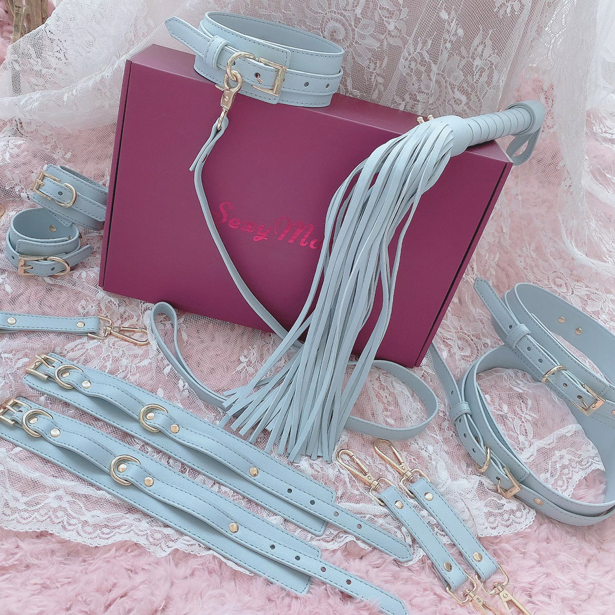 Elegant Pastel Blue Vegan Leather Bondage Set - 8 Piece Beginner's BDSM Kit