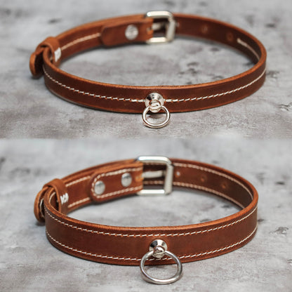 Saddle Stitching Veg-tanned Leather BDSM Collar Brown